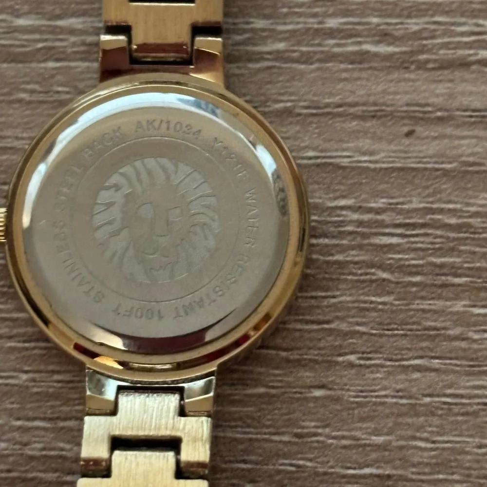 Anne Klein Gold Plated Rhinestone Bling Watch Water Resistant Logo Face 7” Dress